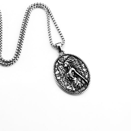 Vintage Stainless Steel Double Sided Native American Pendant Necklace for Men