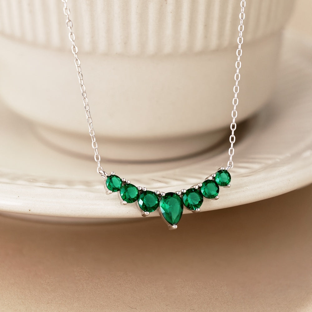 Women's Teardrop Heart Pendant Necklace, Inlaid Emerald Green Sapphire, S925 with White Gold Plating