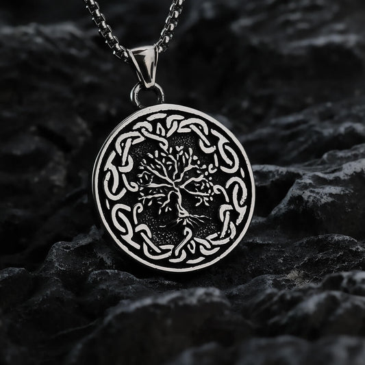 Men's Steel Viking Tree of Life Round Retro Hip Hop Jewelry Pendant Necklace