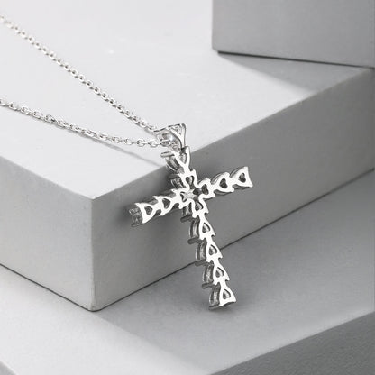 Women's Minimalist Cross Pendant Necklace, Heart Shape Zirconia Inlay, S925 with White Gold Plating