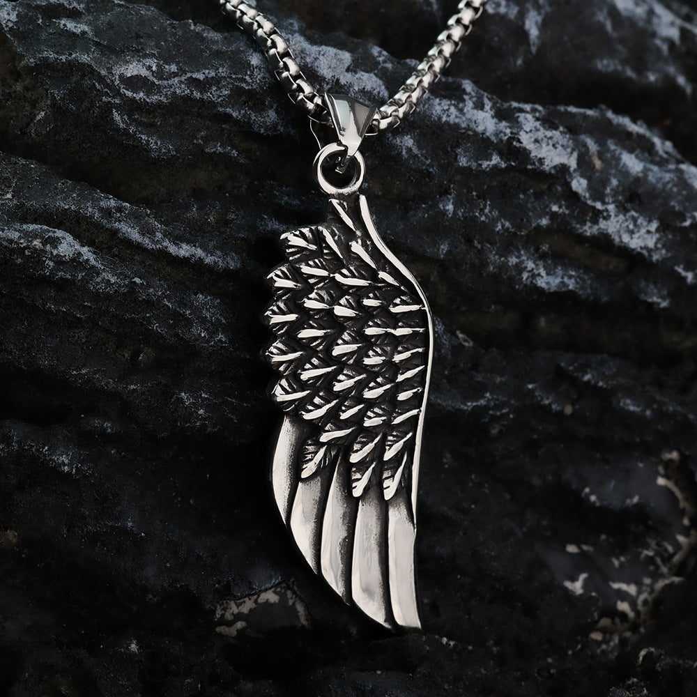 Vintage Stainless Steel Feather Wing Pendant Necklace for Men