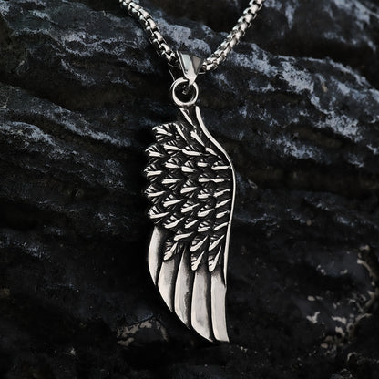 Vintage Stainless Steel Feather Wing Pendant Necklace for Men