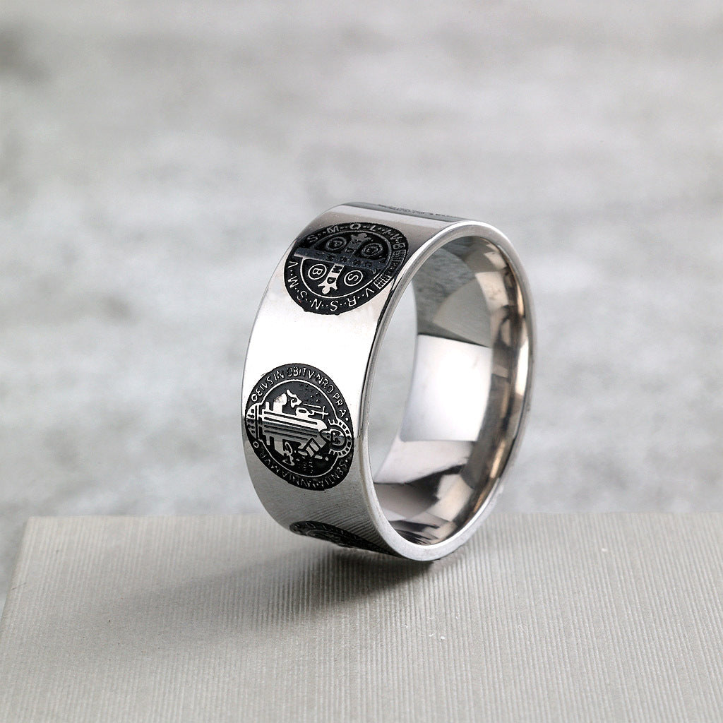 Vintage Polished Stainless Steel Saint Benedict Exorcism Cross Pattern Ring for Men