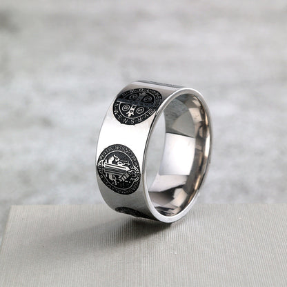 Vintage Polished Stainless Steel Saint Benedict Exorcism Cross Pattern Ring for Men