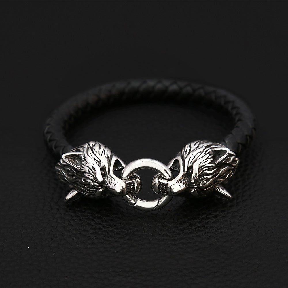 Men's New European Viking Wolf Head Titanium Steel Handmade Leather Cord Bracelet, Creative Personality Wristband Bangle