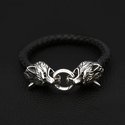 Men's New European Viking Wolf Head Titanium Steel Handmade Leather Cord Bracelet, Creative Personality Wristband Bangle