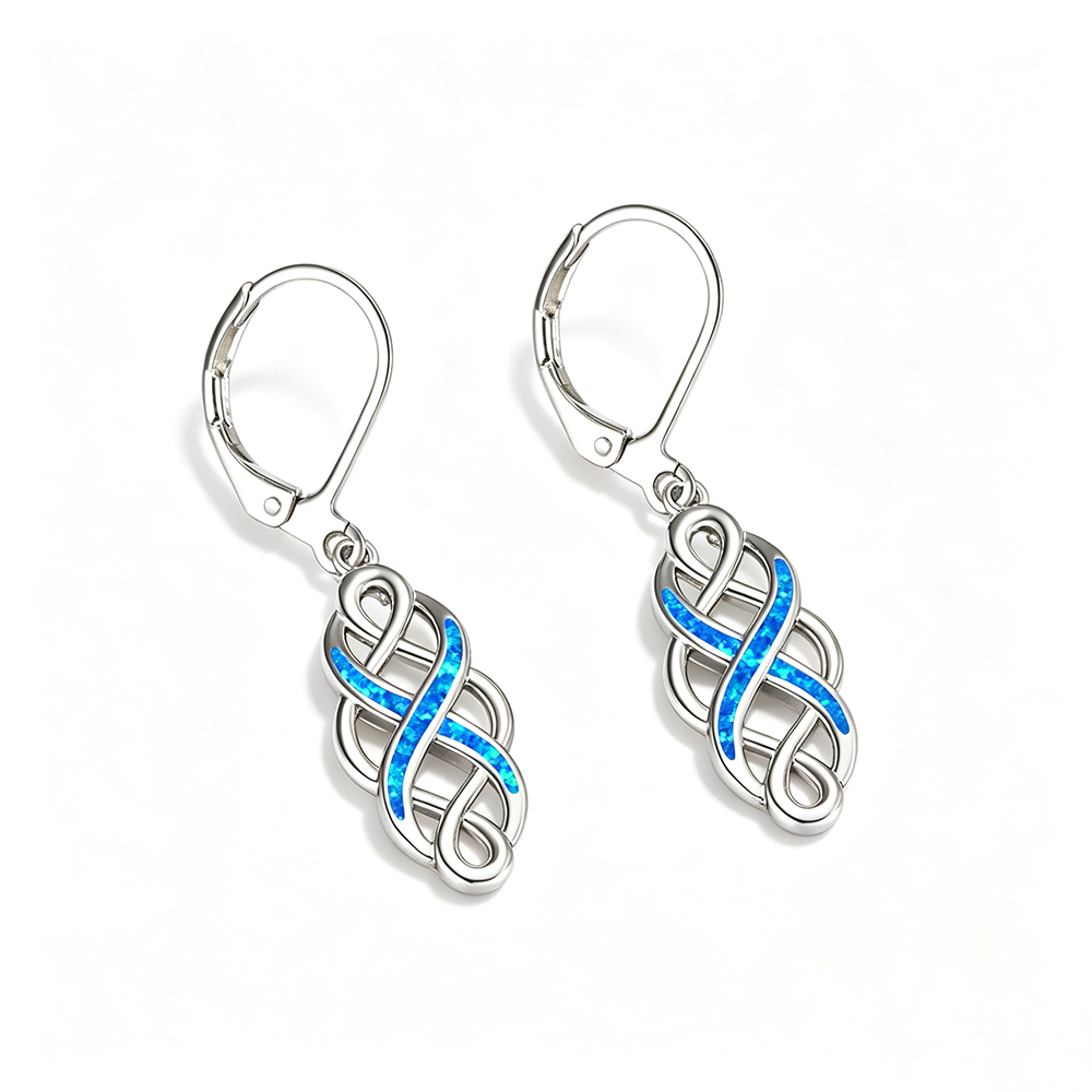 Women's Celtic Knot Hollow Blue & White Opal Leverback Dangle Earrings, White Gold Plating & Rose Gold Plating