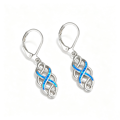 Women's Celtic Knot Hollow Blue & White Opal Leverback Dangle Earrings, White Gold Plating & Rose Gold Plating