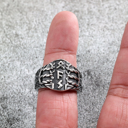 Vintage Solid Stainless Steel Viking Rune Shield Signet Ring for Men