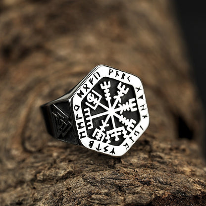 Vintage Antique Oxidized Solid Stainless Steel Norse Viking Helm of Awe Rune Hexagon Signet Band Ring for Men