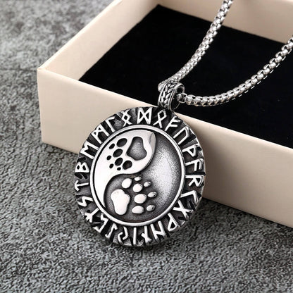 Vintage Stainless Steel Double Sided Viking Rune Bear Paw Print Pendant Necklace for Men