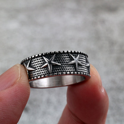 Vintage Solid Stainless Steel Five Point Starfish Round Ring for Men