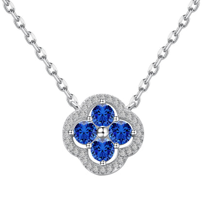Women's Exquisite Pendant Necklace, Clover Flower Inlaid Blue Sapphire, S925 with White Gold Plating