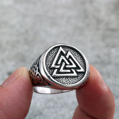 Vintage Solid Stainless Steel Viking Triangle Symbol Round Ring for Men