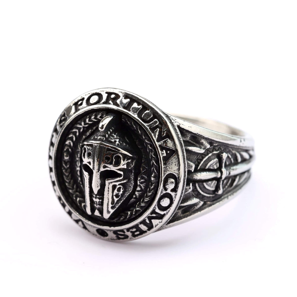 Vintage Stainless Steel Spartan Helmet Ring Engraved Virtutis Fortuna Comes for Men
