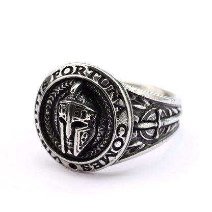 Vintage Stainless Steel Spartan Helmet Ring Engraved Virtutis Fortuna Comes for Men