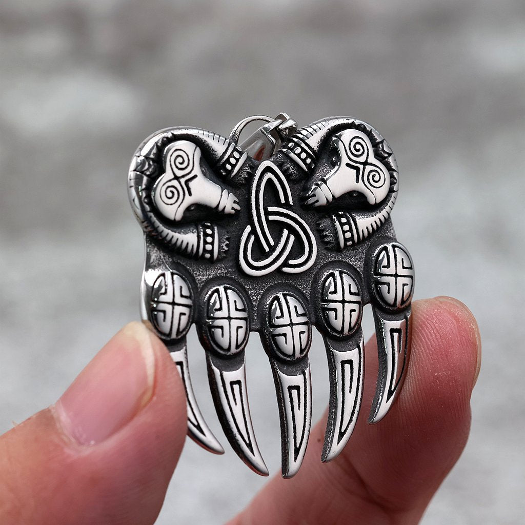 Vintage Stainless Steel Single Sided Celtic Knot Bear Paw Pendant Necklace for Men