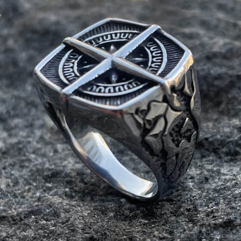 Vintage Stainless Steel Hip Hop Compass Square Signet Ring for Men