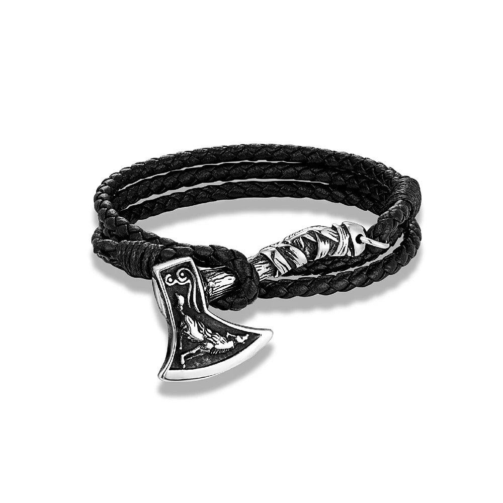 Nordic Viking Warrior Axe Stainless Steel Bracelet for Men, Handmade Double Strand Braided Leather Retro Wrist Accessory