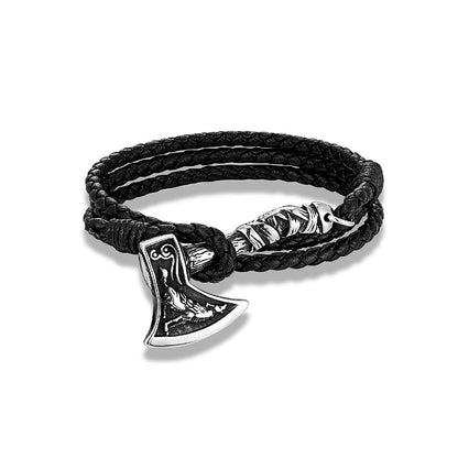 Nordic Viking Warrior Axe Stainless Steel Bracelet for Men, Handmade Double Strand Braided Leather Retro Wrist Accessory