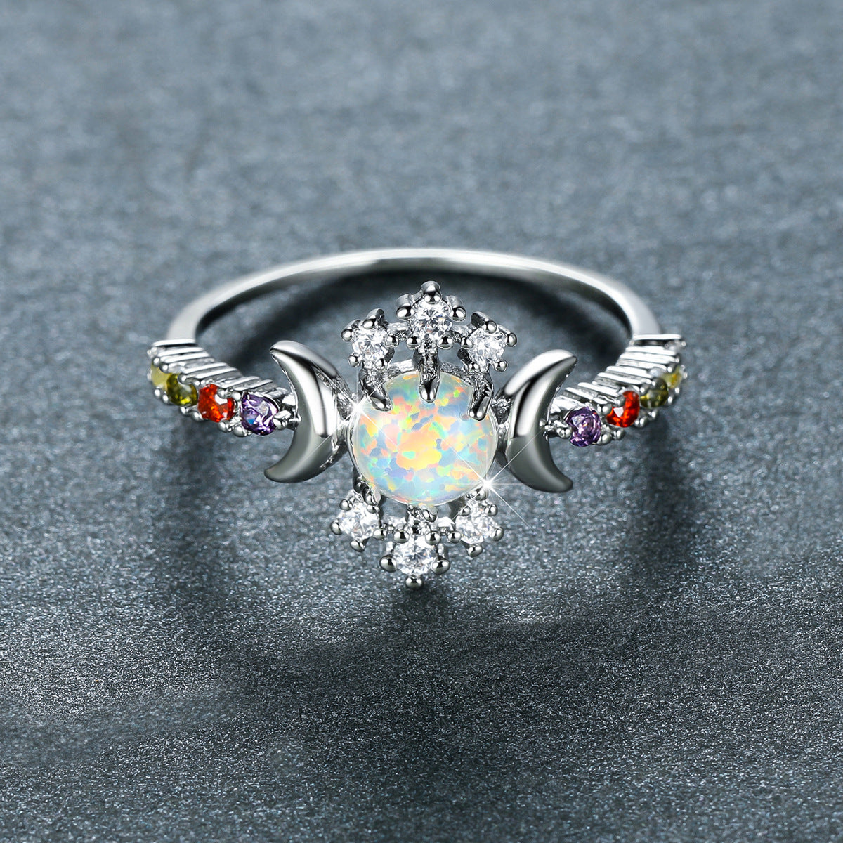 Women's Triple Moon Opal ring with Color Zirconia