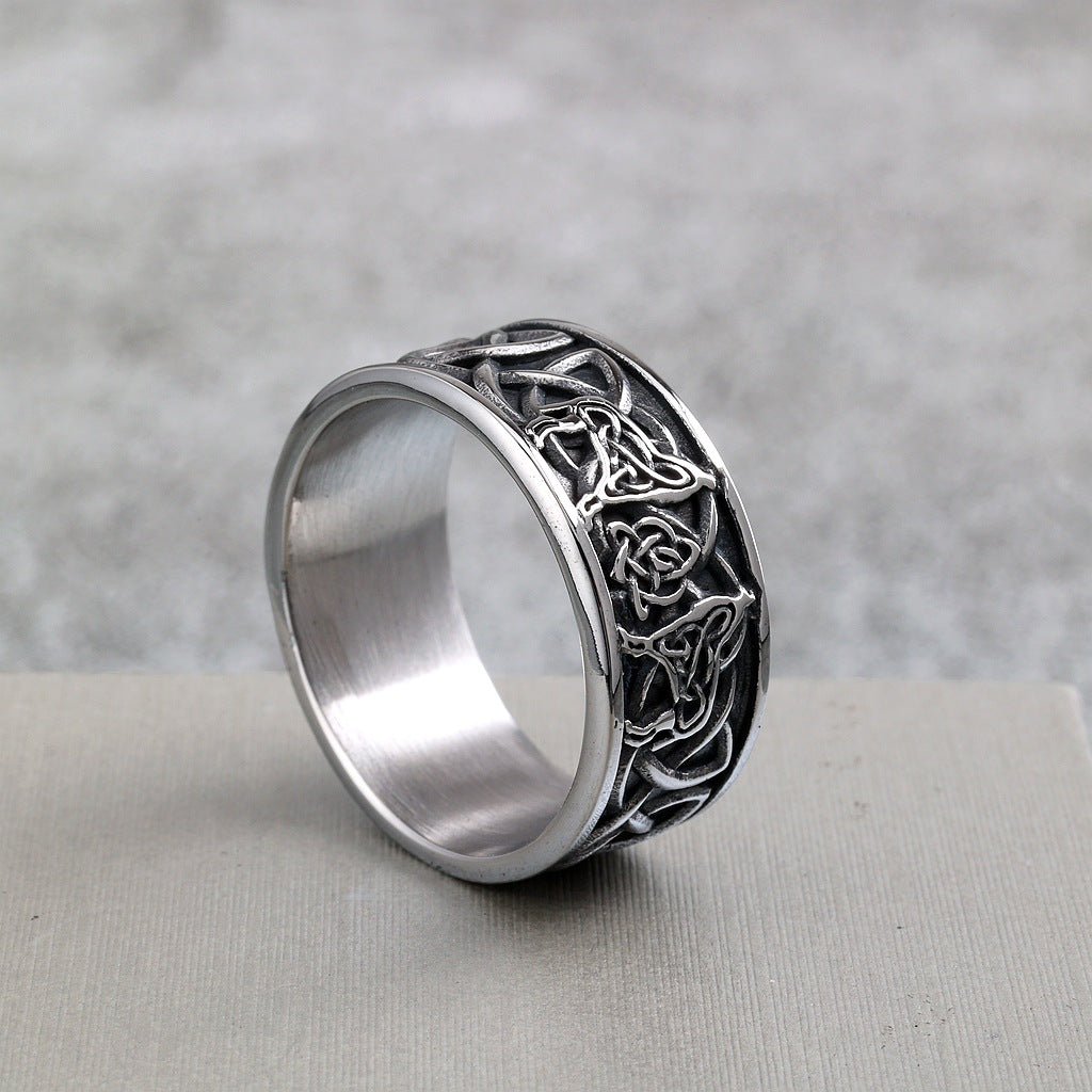 Vintage Stainless Steel Viking Wolf Head Celtic Knot Ring for Men