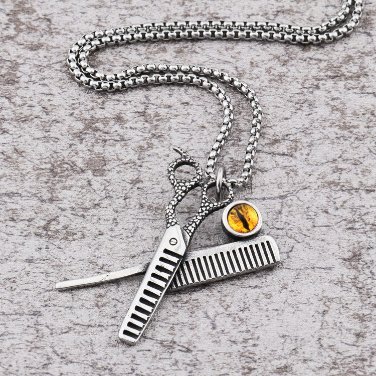 Men's Steel Scissors Comb Evil Eye Pendant Necklace