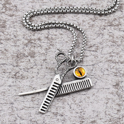 Men's Steel Scissors Comb Evil Eye Pendant Necklace