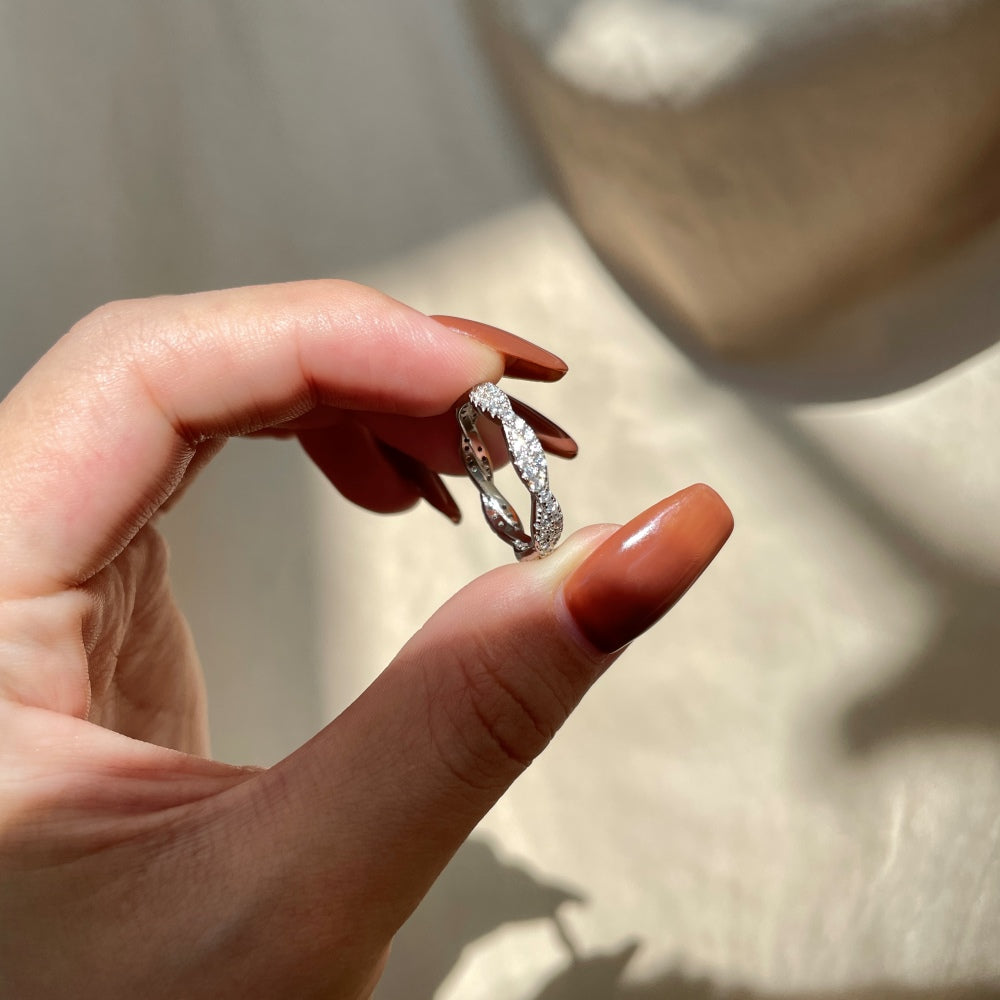 Women's S925 Silver White Gold Tone Pave Zircon Wave Ring, Luxury Stackable Ladies Fashion Ring