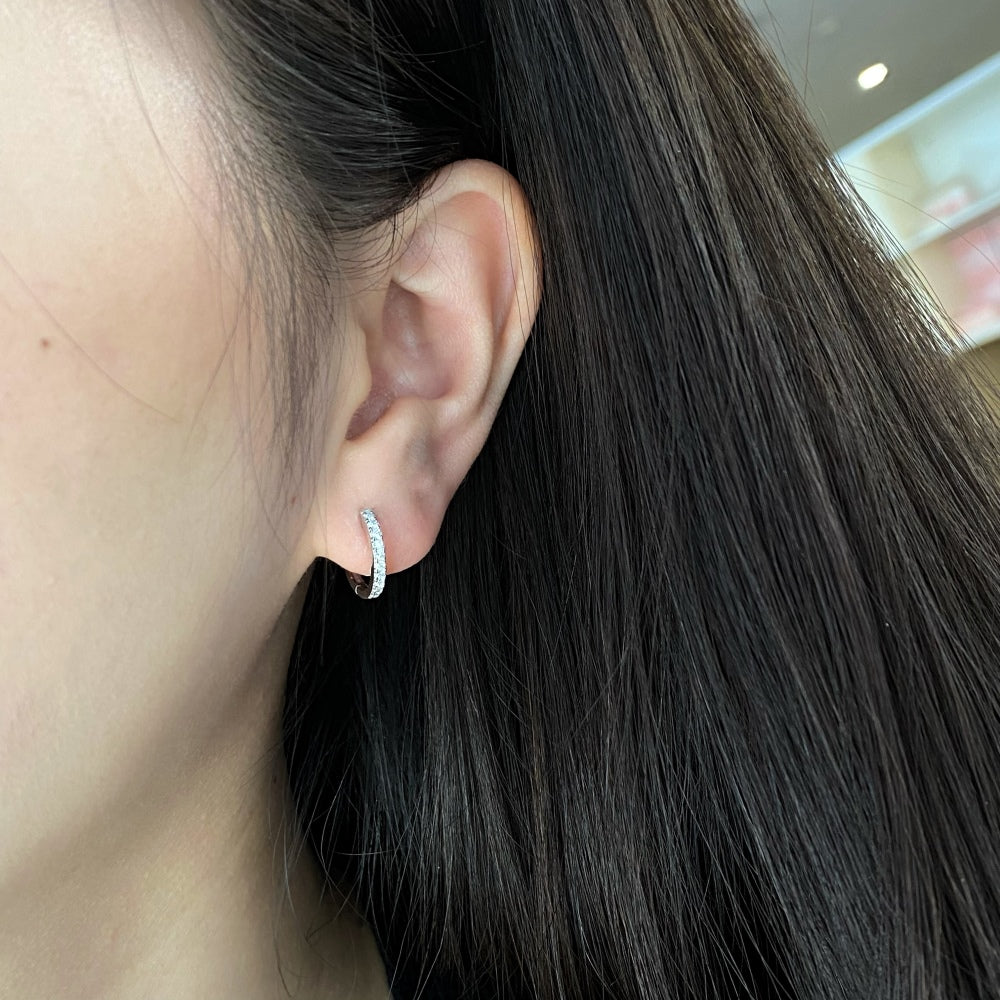 Women's Huggie Hoop Earrings, Half‑Pavé Round Zirconia, S925 with White Gold Plating