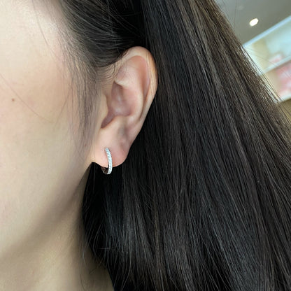 Women's Huggie Hoop Earrings, Half‑Pavé Round Zirconia, S925 with White Gold Plating