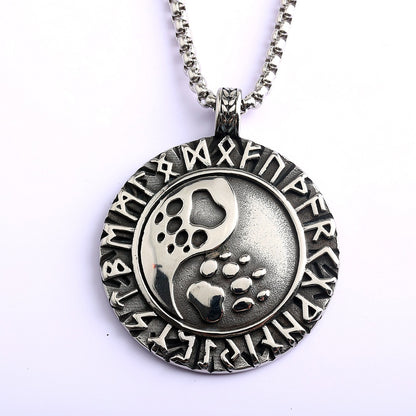 Vintage Stainless Steel Double Sided Viking Rune Bear Paw Print Pendant Necklace for Men