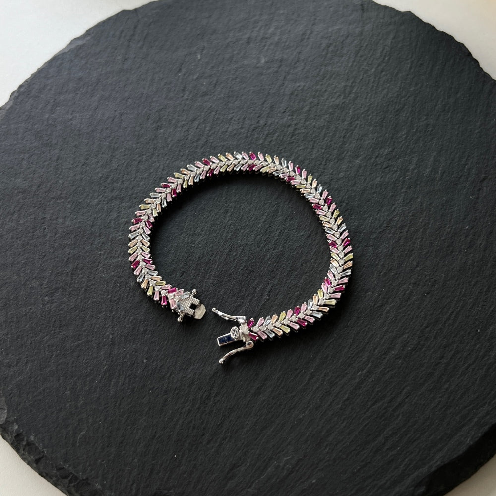Women's High‑End Bracelet, Baguette Multicolor Gemstone & Round White Zirconia Row Inlay, S925 with White Gold Plating
