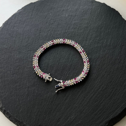 Women's High‑End Bracelet, Baguette Multicolor Gemstone & Round White Zirconia Row Inlay, S925 with White Gold Plating