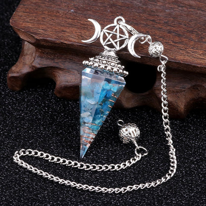 Three-phase moon seven-colored crushed stone resin crystal hexagonal pyramid spirit pendulum