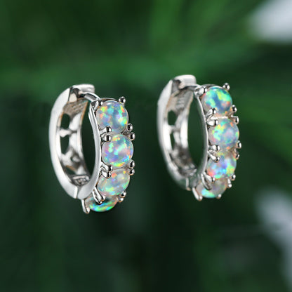 Women's C Shape Hoop Inlaid Round Blue & White Opal Huggie Earrings, White Gold Plating
