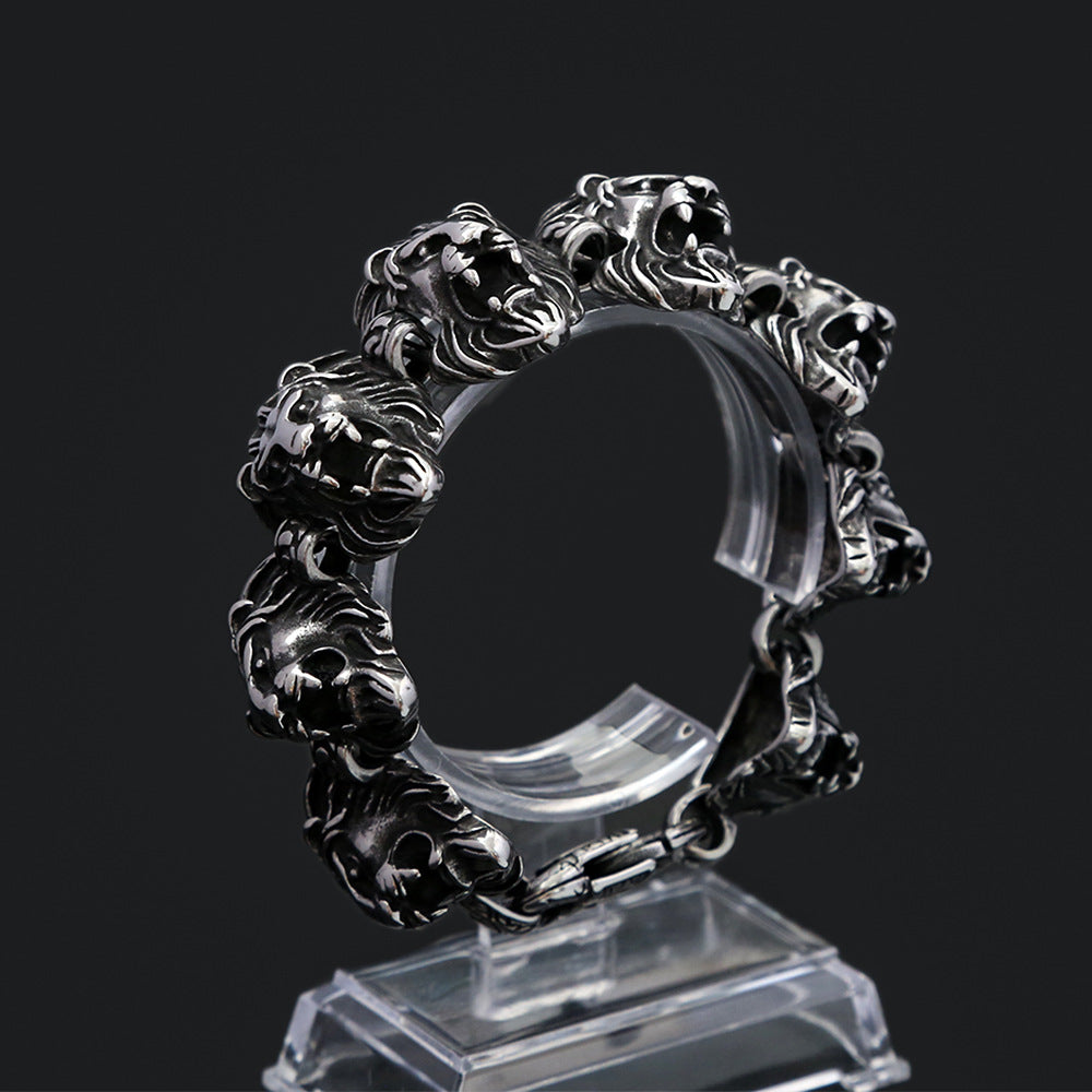 Vintage Bold Lion Head Cast Stainless Steel Men Bracelet, Personality Sculpted Open Cuff Wrist Jewelry