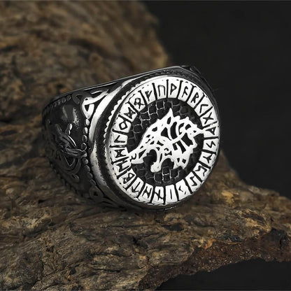 Vintage Solid Stainless Steel Round Signet Viking Wolf Head Rune Hip Hop Ring for Men