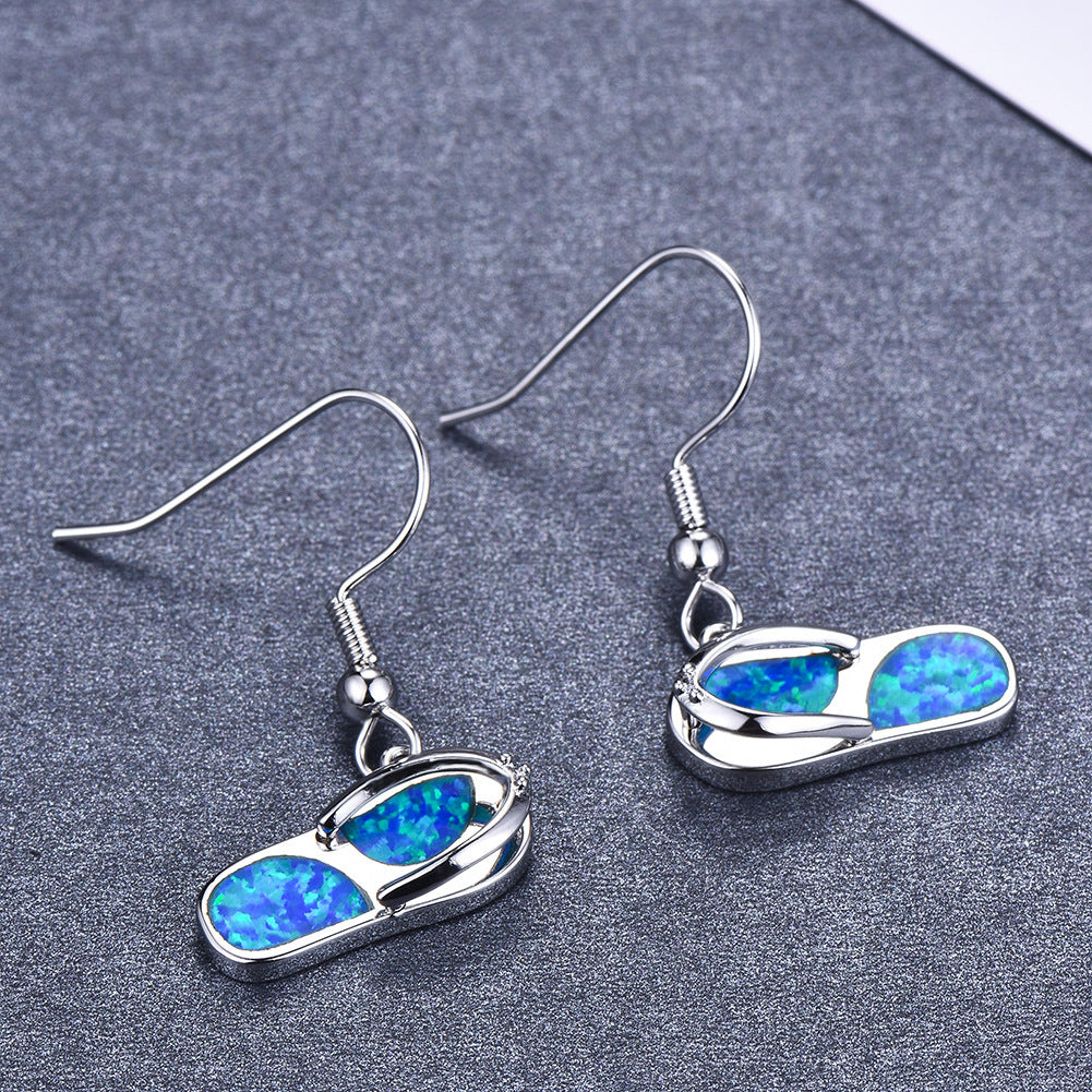 Women's Flip‑Flop Shape Opal Dangle Earrings, Blue Opal / White Opal