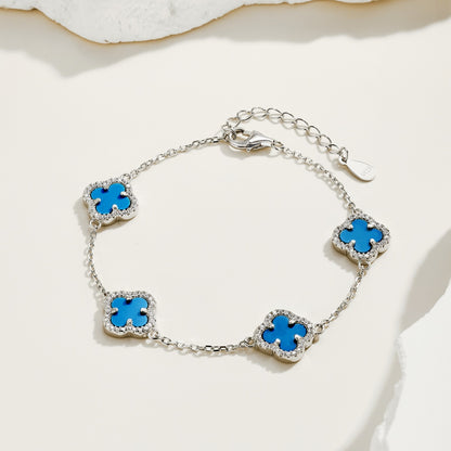 Women's Delicate Bracelet, Turquoise & Round White Zirconia Inlay Clover Design, S925 with White Gold Plating