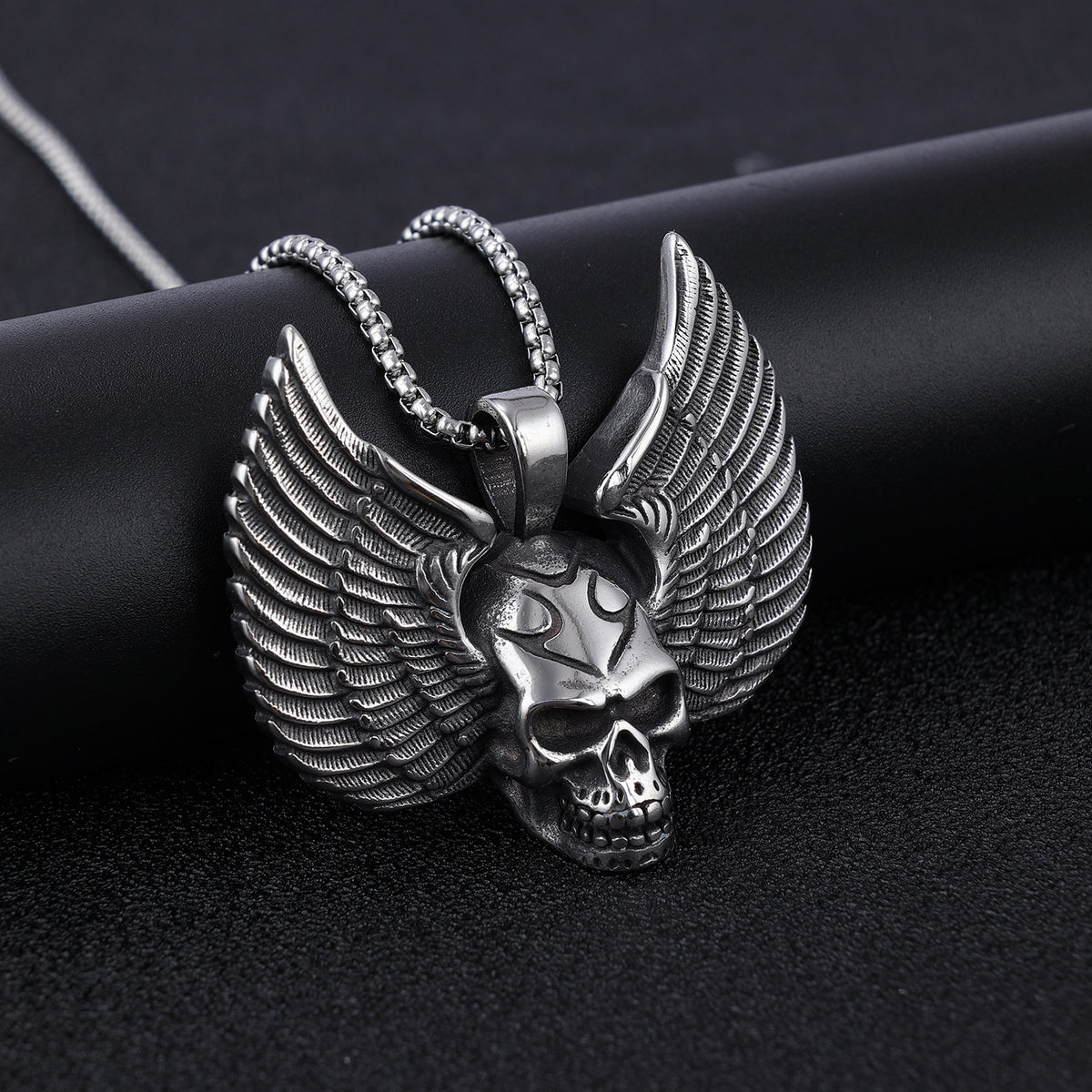 Men's Steel Winged Skull Pendant Necklace