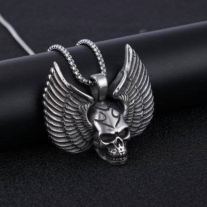 Men's Steel Winged Skull Pendant Necklace