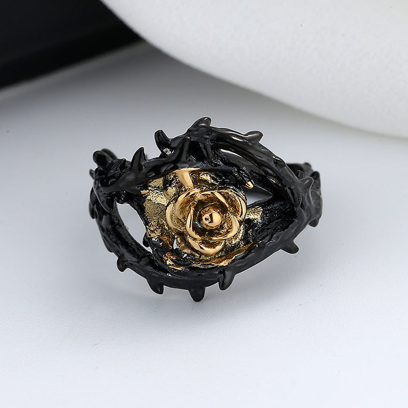 Men's Black Rose Flower Design Ring with Black and Gold Accents