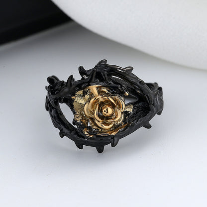 Men's Black Rose Flower Design Ring with Black and Gold Accents