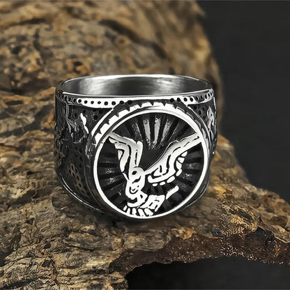 Vintage Solid Stainless Steel Norse Viking Eagle Totem Round Wide Signet Ring for Men