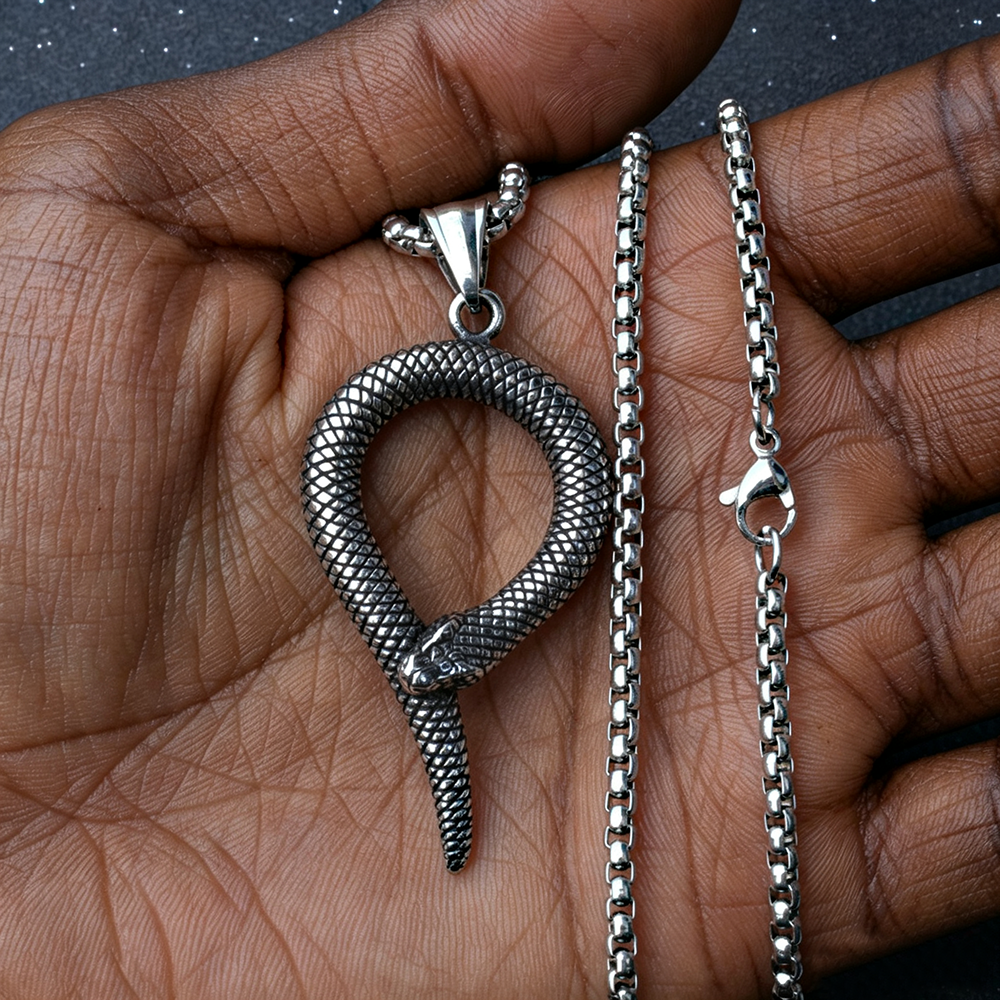 Men's Steel Vintage Coiled Snake Pendant Necklace
