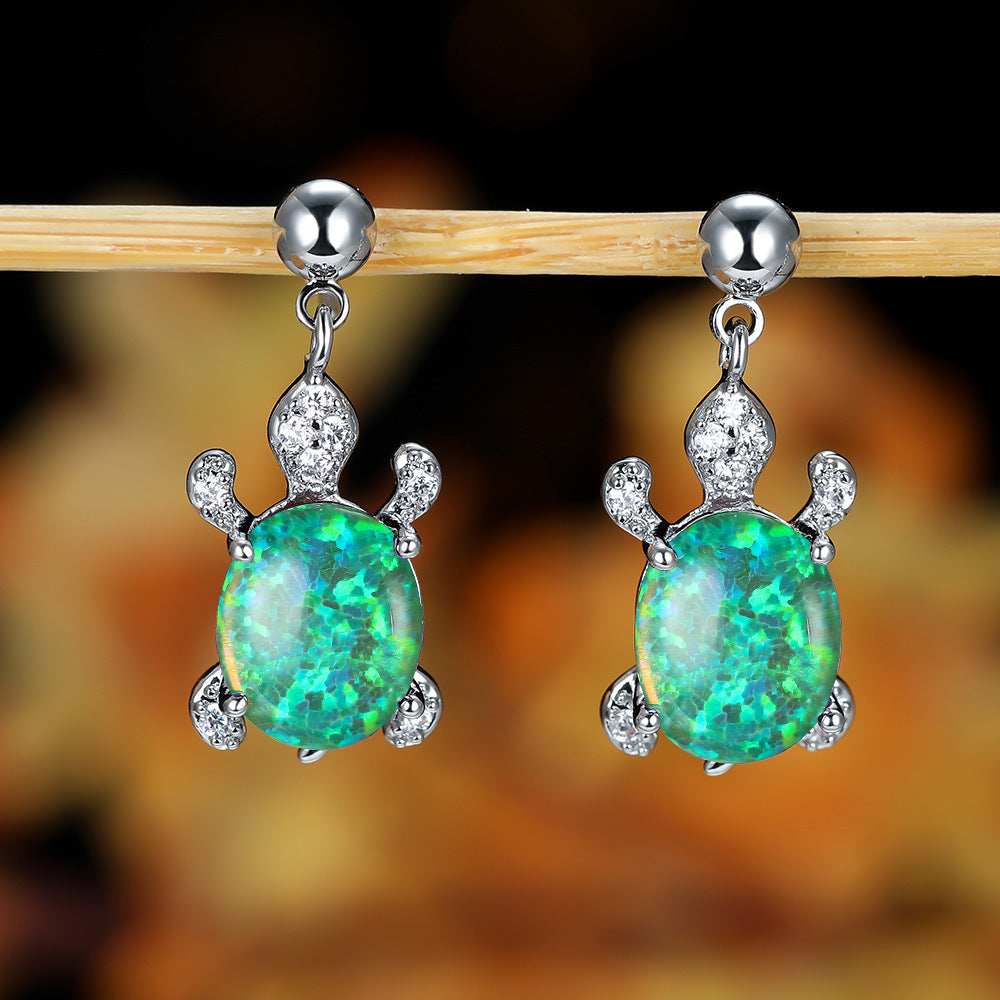 Women's Turtle Design Dangle Earrings Inlaid with Blue Opal, White Opal, Green Opal and Round Zirconia