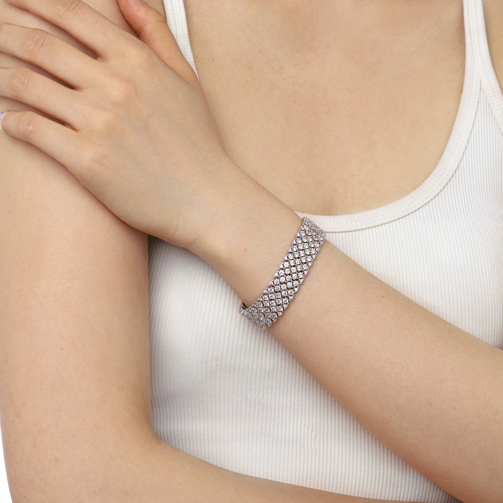 Women's Luxury Wide Tennis Bracelet, Multi‑Row Paved Colorless Zirconia, S925 with White Gold Plating
