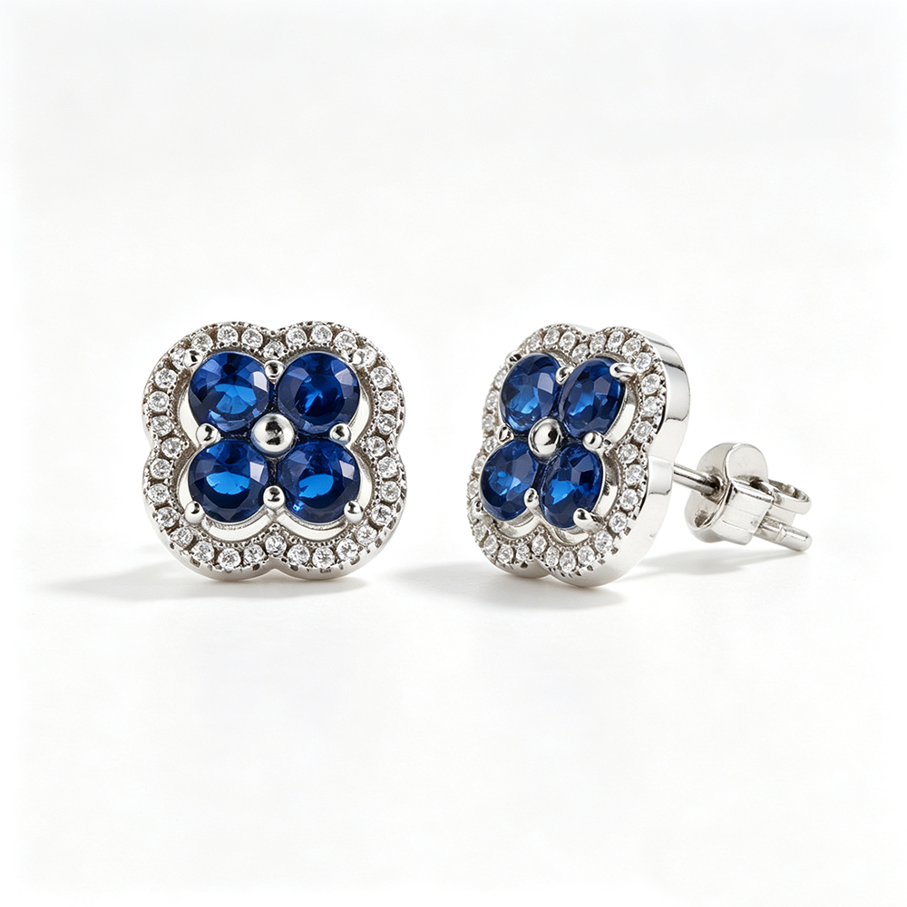 Women's Clover Halo Stud Earrings, Round Blue Sapphire, S925 with White Gold Plating
