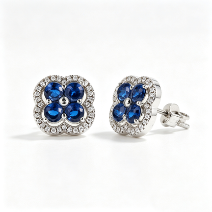 Women's Clover Halo Stud Earrings, Round Blue Sapphire, S925 with White Gold Plating